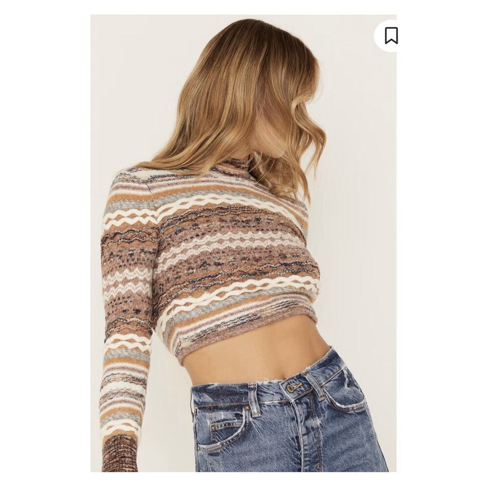 Shyanne Cropped Fair Isle Sweater L Boho Western Mock Neck